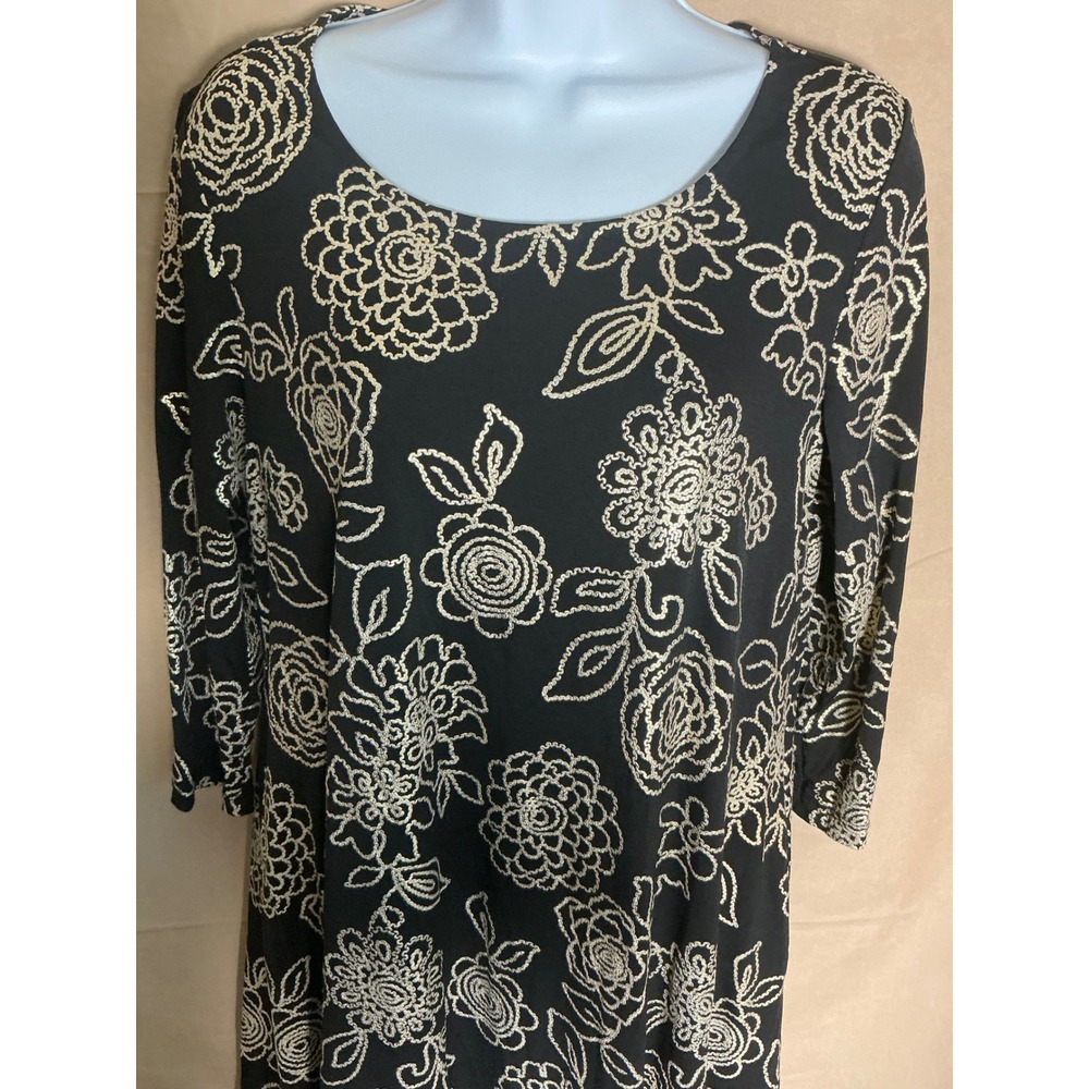 Nina Leonard Dress Womens Small Black Floral 3/4 Sleeve Excellent Scoop Neck - Picture 5 of 13